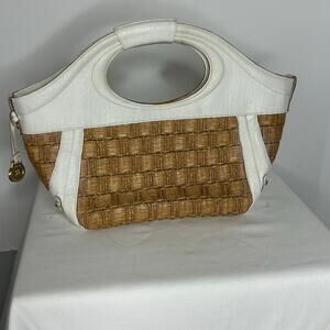 Brahmin Fiore Terrace Straw Leather Satchel Tote White Handle Gold Charm Bag